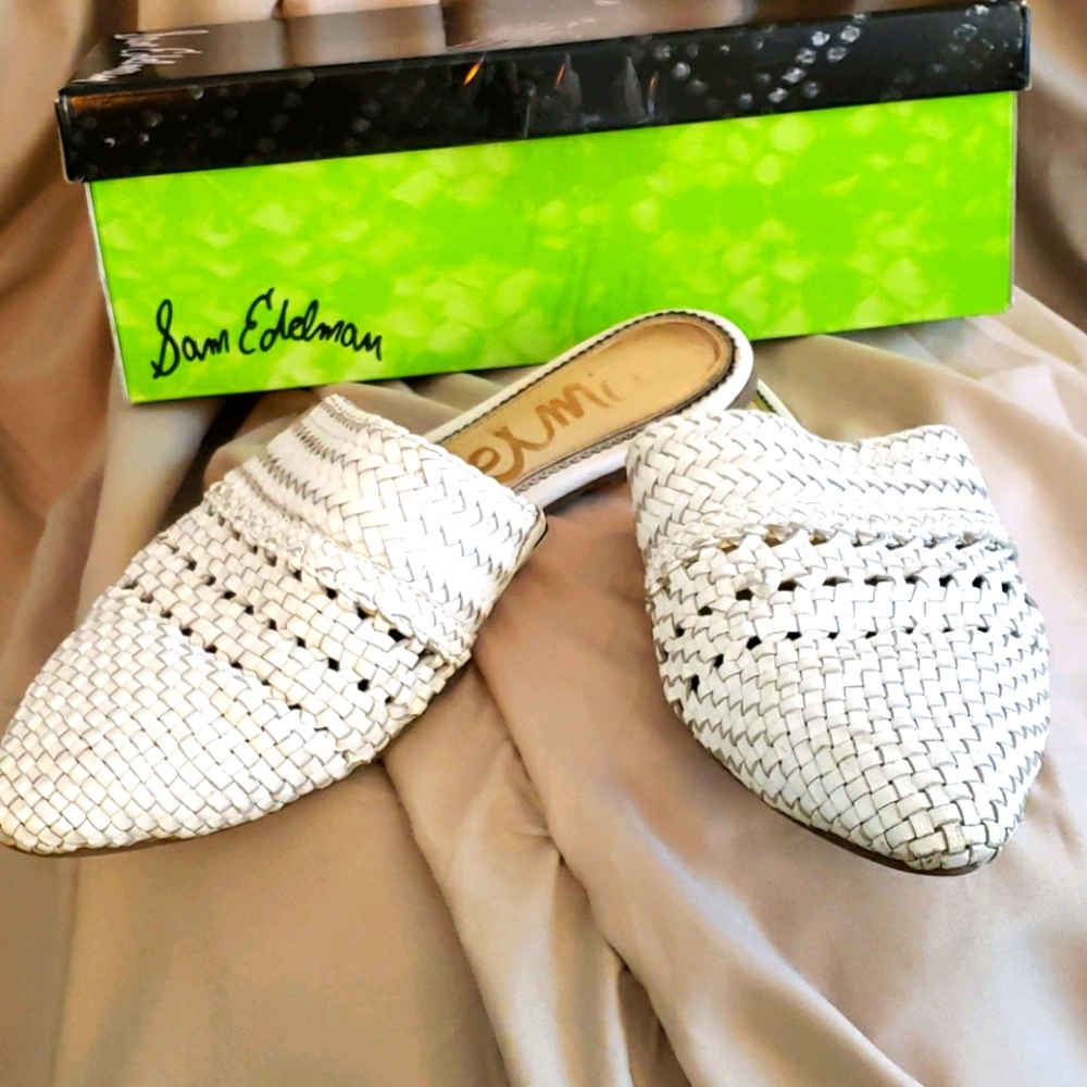 SAM EDELMAN White Woven Leather Mules